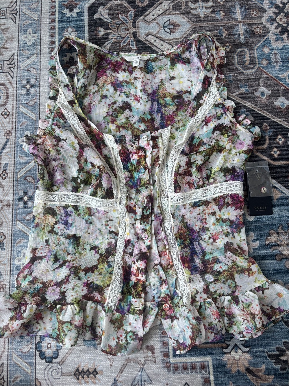 Guess Floral Lace-Trim Ruffled Tank Top